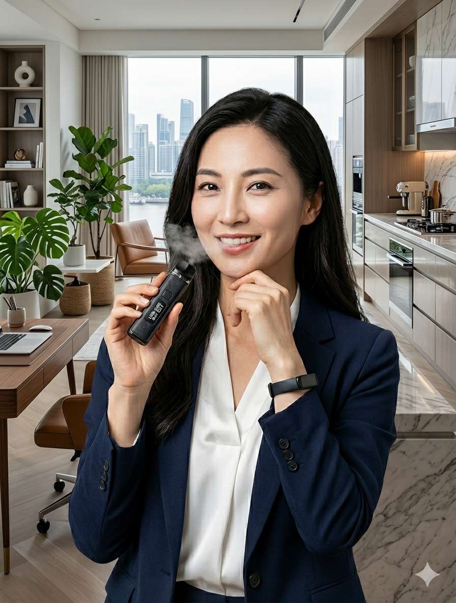 LANA VAPE 品牌用戶於現代辦公空間，展示 LANA 精品霧化主機與細膩口感體驗